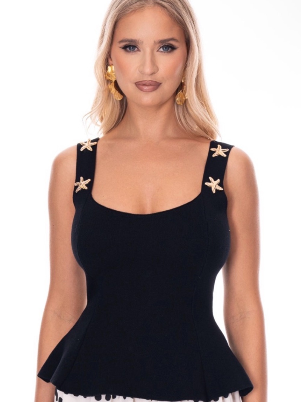 Black Peplum Bandage Tank Top with Star Embellished Straps